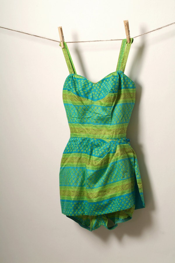 Vintage1950s bathing suit / Hawaiian Swimsuit / Green and Blue / Tiki Print Swimsuit / Pinup