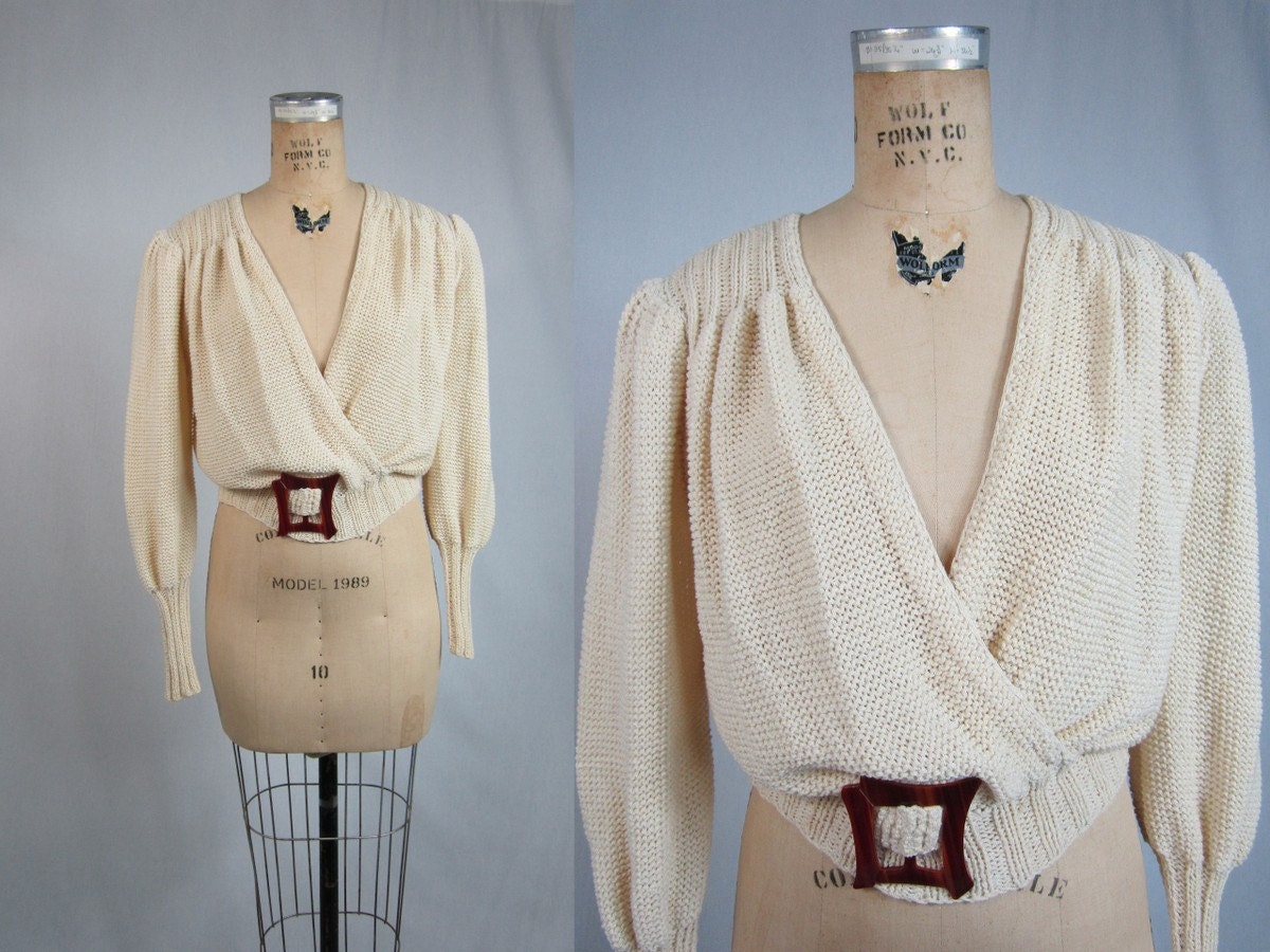 70s Cream Sweater . Ivory Knit Sultry Top . Large XL