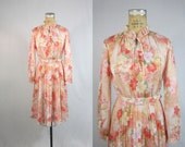 70s Secretary Dress . Peach Tree Blossom Midi Accordion Pleated Dress . Medium