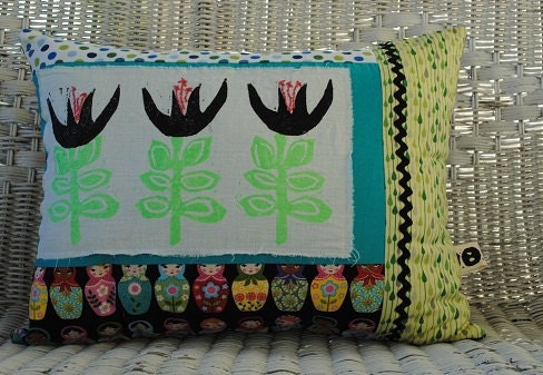 hand printed neon flowers pillow with matryoshka dolls raindrops and polka dots ooak
