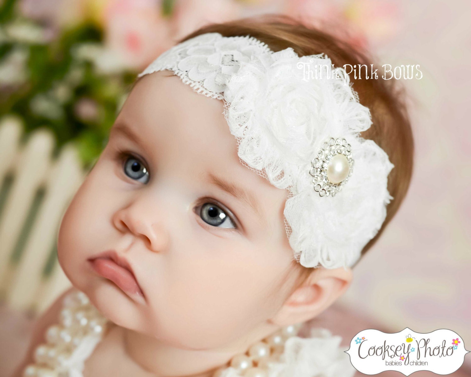White baby Headband, shabby chic headband, christening headband, baptism Headband,Lace  Headband, girl headband, baby bows, Hair bows