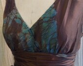 Brown aqua vintage style silk dress plus size with sash knee length