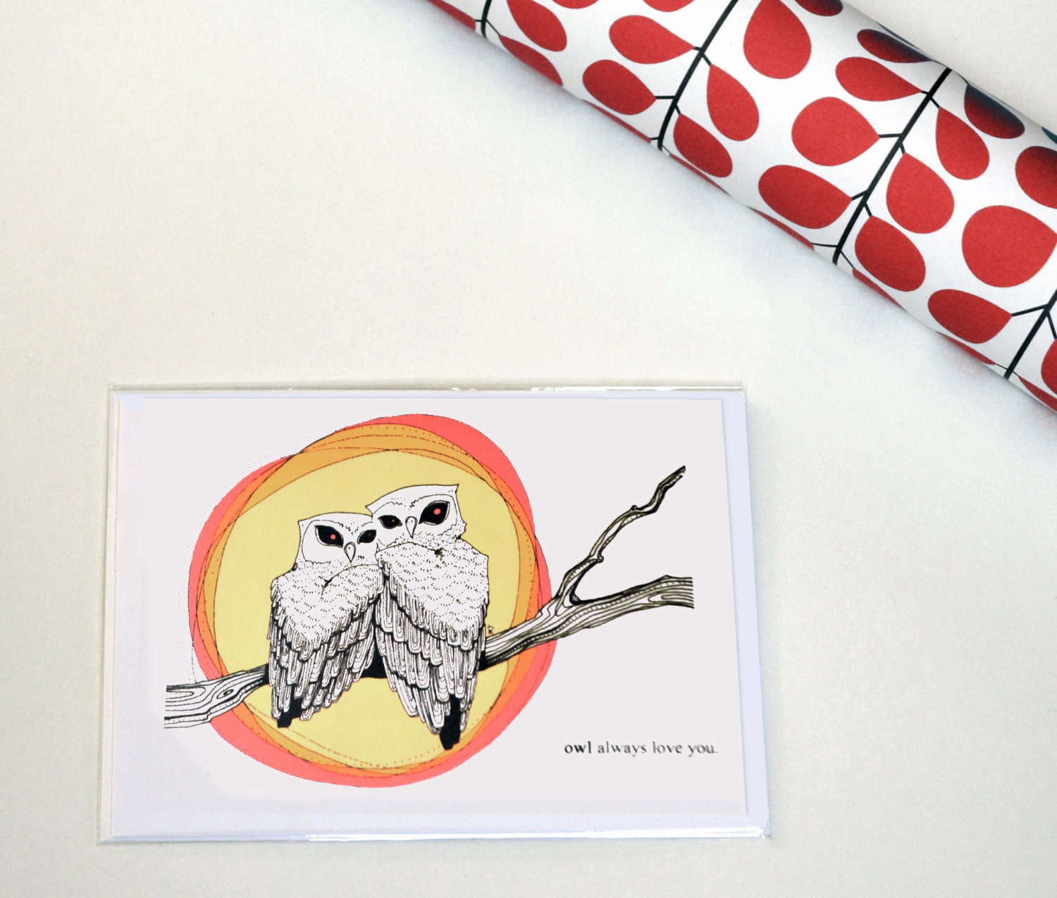 Love, Anniversary Card: two owls on branch, orange moon. Owl always love you