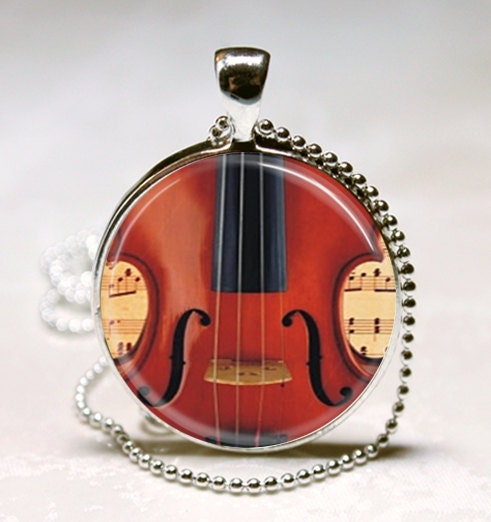 Violin Necklace Sheet Music Jewelry Glass Bezel Pendant with Ball Chain Included (ITEM B013)