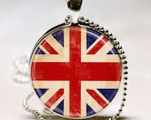 Union Jack British Flag Necklace Glass Bezel Pendant with Ball Chain Included (ITEM B023)