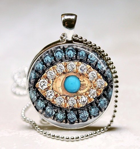 Jeweled Evil Eye Necklace Good Luck Talisman Art Pendant With Ball Chain Included