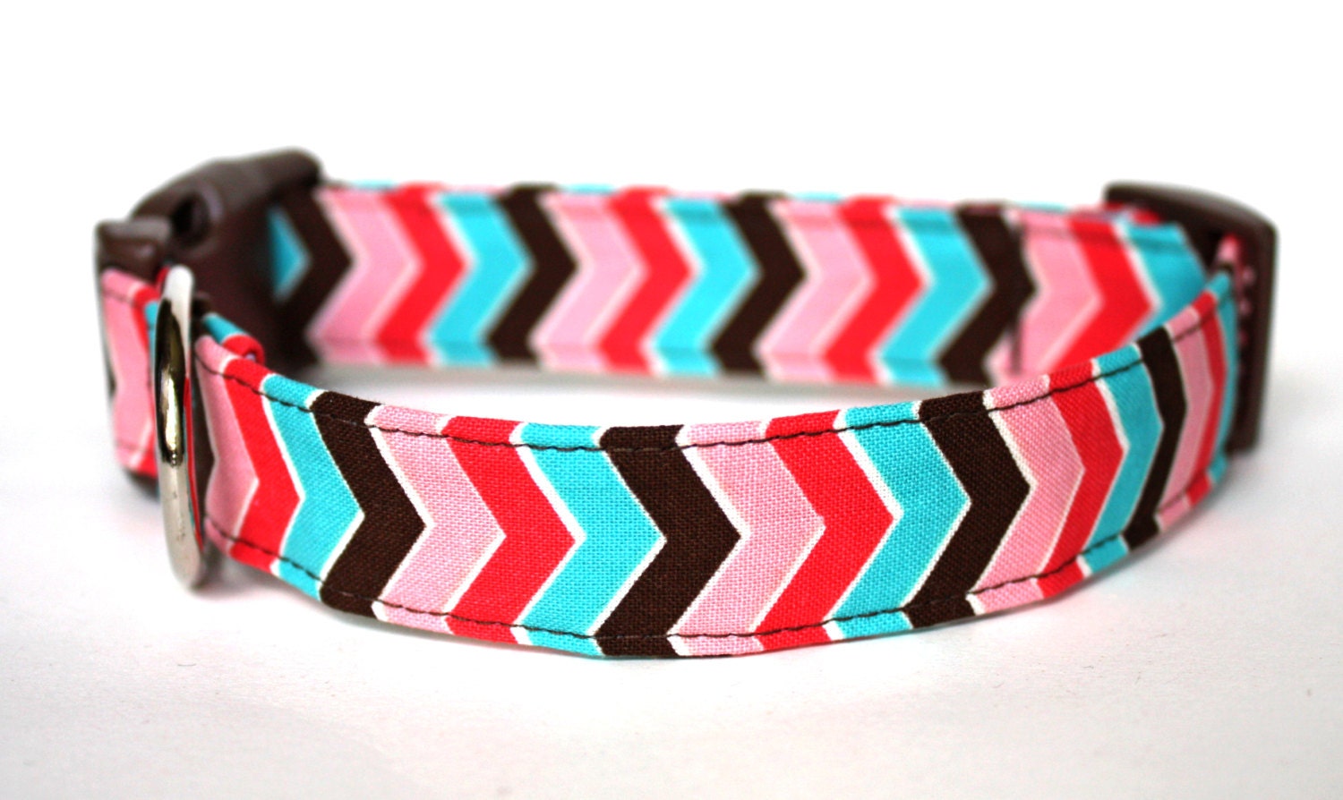 Summer Chevron - Dog Collar with modern chevron stripe in pink, aqua and brown.