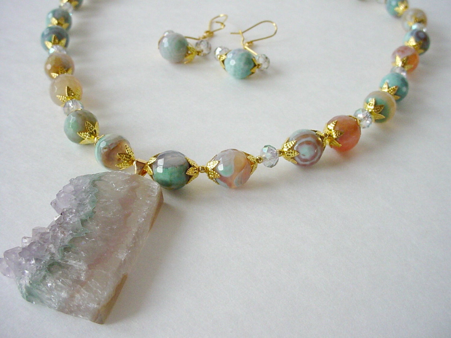 Agate, Amethyst Druzy Necklace Set, Druzy Pendant Necklace, Semiprecious Stone, Aqua, Lavender