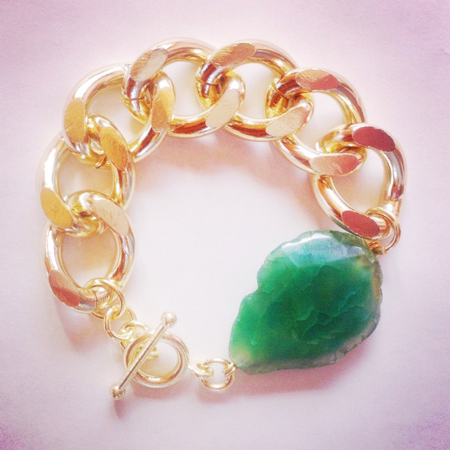 Chunky Gold Chain Link Bracelet with Green Agate