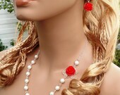 Elegant Bridal Jewelry- Bright Red color Rose Pearl Necklace & Earring Set - Wedding Jewelry, Bridal Jewelry