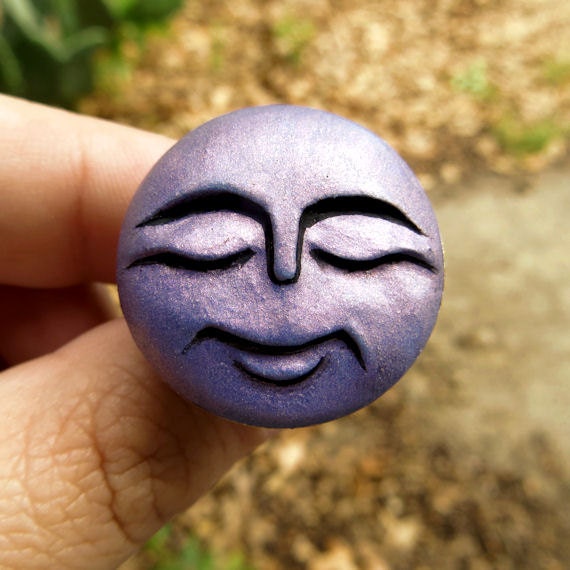 Lavender Sleeping Moon Ring Adjustable Handmade Polymer Clay Jewelry