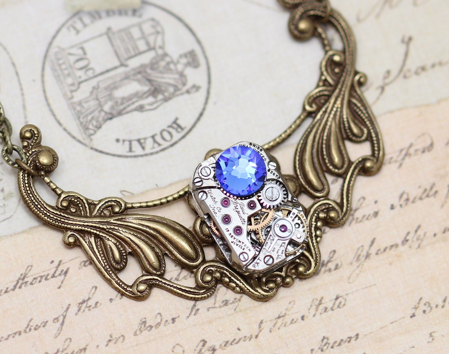 Steampunk Necklace OOAK Sapphire Choker Steam Punk Jewelry Blue - Antique Brass- Clockwork Vintage Watch Piece -  Inspired by Elizabeth
