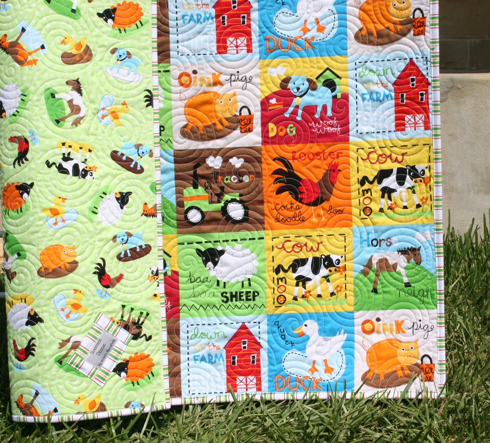 Farm Quilt Bright Unisex Tractor Blanket Cows Horses Barn Country Life Gender Neutral MADE TO ORDER