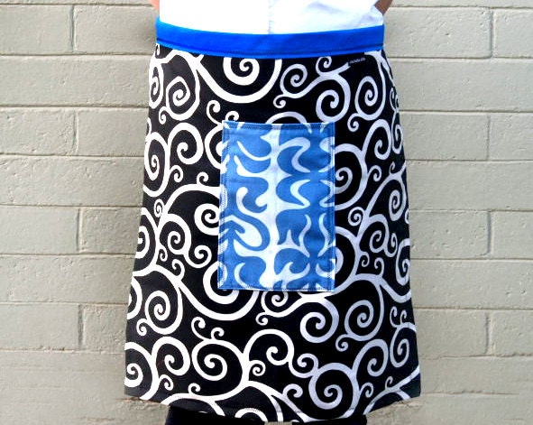 Black and White Swirls Apron, large cornflower blue pocket