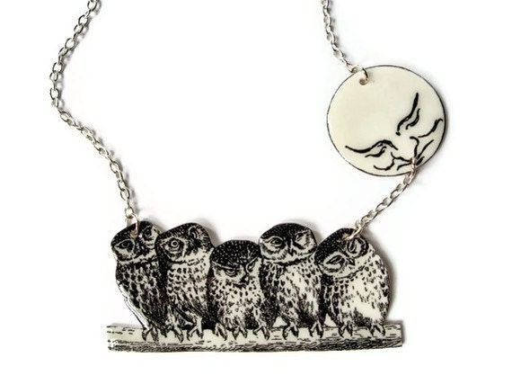 Owl and the Moon Necklace Woodland Surreal Stark Bird Vintage Illustration Statement Jewelry