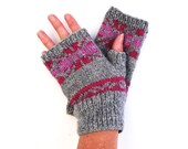 Soft Fairisle handwarmers / womens fingerless gloves fair isle hand knitted in baby alpaca yarn with 100% wool trimmings