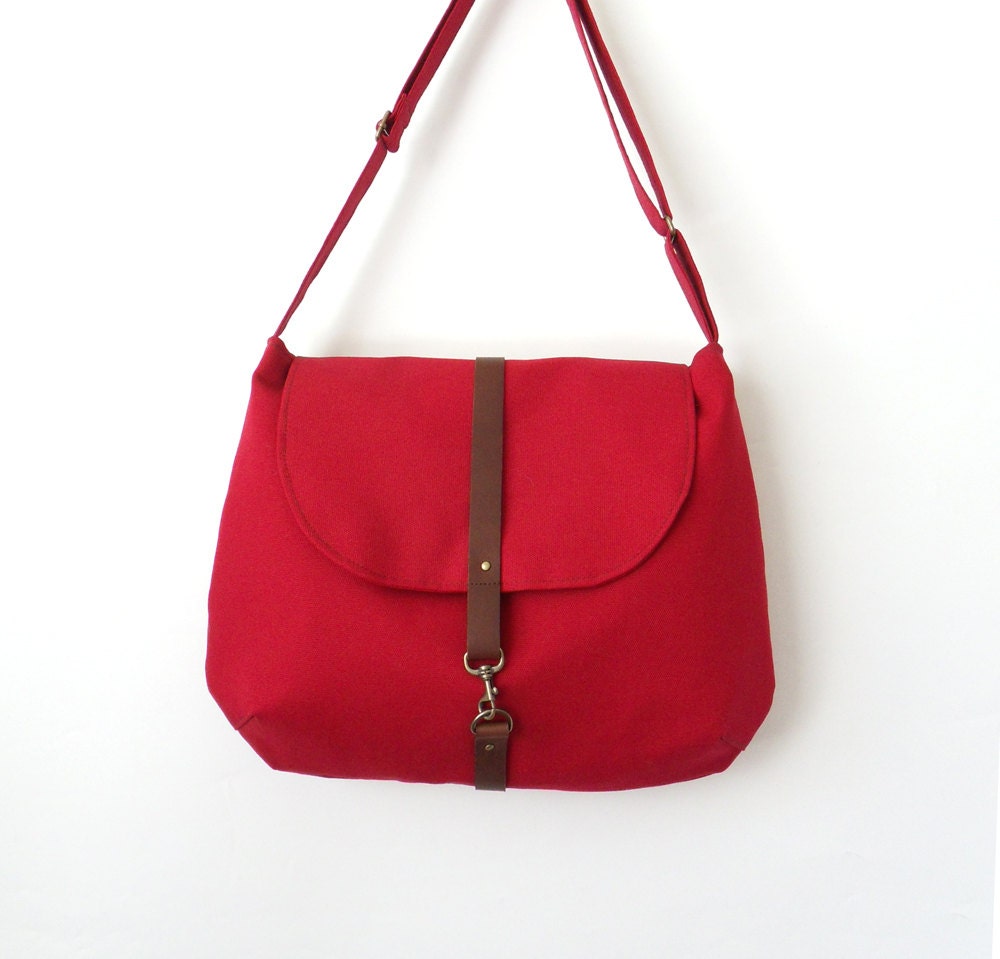 Ruby red Round Satchel / Messenger bag / Hobo bag / with brown leather closure, Design by BagyBags