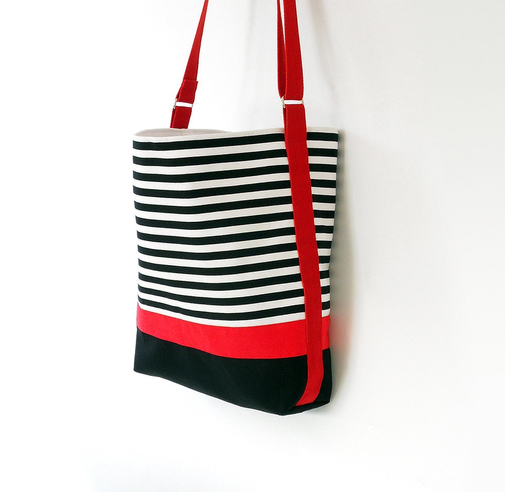 Black stripe, Red canvas / Shoulder bag / Diaper bag / Hobo bag /  Side strap, Design by BagyBags