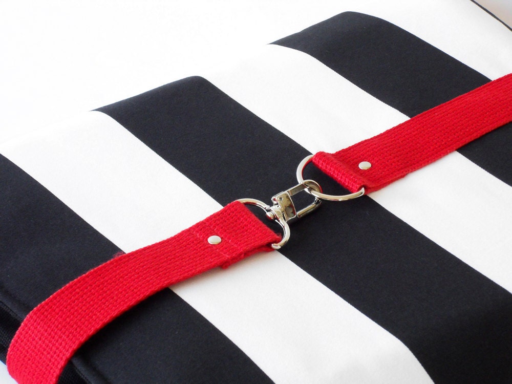 13 inch MacBook or Laptop sleeve / Laptop bag, with attachable strap - Black Stripe Canvas Red Strap Closure, Design by BagyBags
