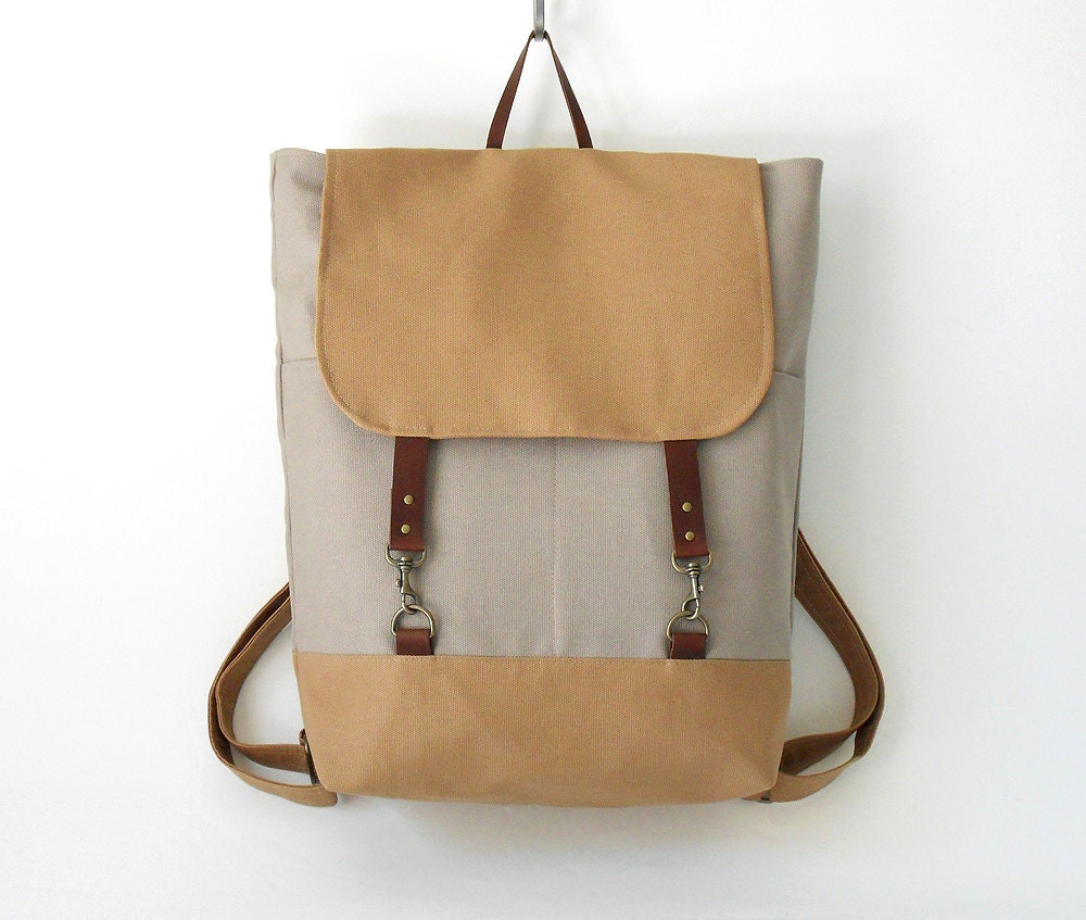 Gray canvas, camel flap  Backpack , laptop bag, diaper bag with leather closure and 2 front pockets, Design by BagyBags