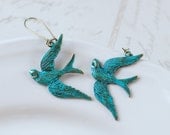 Teal Blue Verdigris Patina Brass Bird Earrings. Antiqued Brass Faux Patina Soaring Birds, Long brass Kidney Ear Wires Flying Bird Earrings
