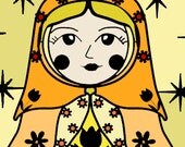 Matryoshka russian doll orange and yellow shades whimsical illustration mini canvas print wall decor - Ana