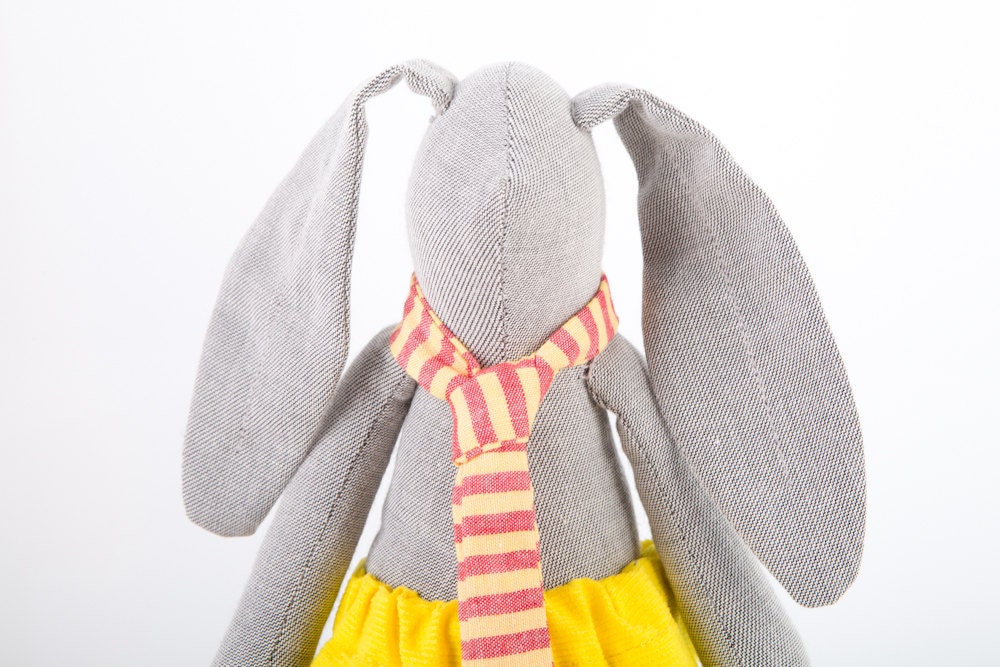Stuffed bunny rabbit hare,child friendly toy, plush gray rabbit boy doll  in yellow corduroy, Red striped tie - handmade doll