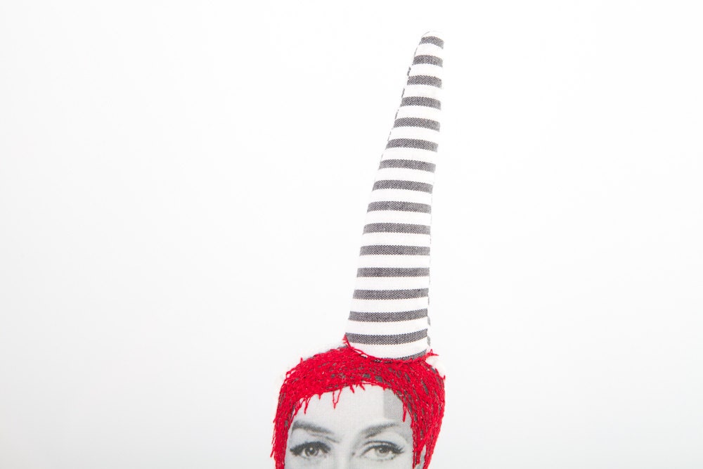 Party doll, ooak Collage art doll - Redhead lady With  blue gray striped Pointed hat Wearing Polka Dots dress - timohandmade cloth doll
