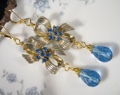 Upcycled Vintage Earrings, Wedding Earrings, Blue Rhinestones, Crystal Teardrops, Gold Bow OOAK, Under 35 - Something Blue