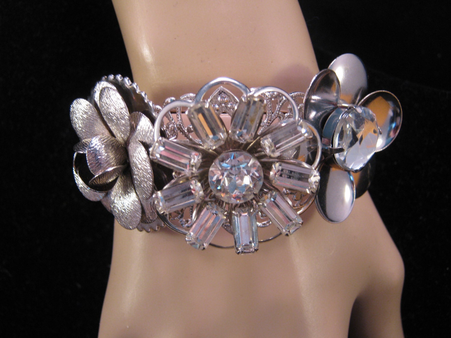 Wedding Bracelet, Vintage Rhinestones, Flower Brooch, Upcycled, Statement, OOAK, Silver Cuff, Stretch, Bangle, Cuff - Silver Ice