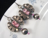 Reclaimed Vintage Earrings, Vintage Rhinestones, Pink, Gun Metal, Hand Wired, Silver, OOAK, Bridesmaid Gift - Bow Tie
