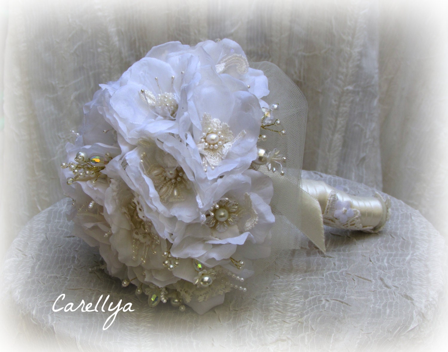 Bridal Bouquet, Fabric Bouquet with Lace Pearls and Crystals, Wedding Bouquets