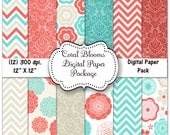 INSTANT DOWNLOAD - 50% off - Coral Blooms - 12 Digital Papers - 12 X 12 - 300 dpi. - Blue,  Green