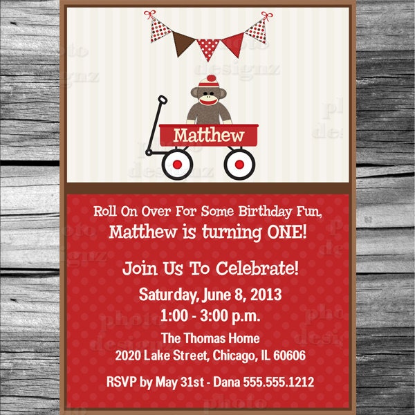 Red Wagon, Sock Monkey  Birthday Party Invitation, PRINTABLE INVITATION DESIGN, Red, Brown