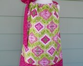 Girls Pillowcase Dress pretty in pink & lime tile custom made by Baby Harrill