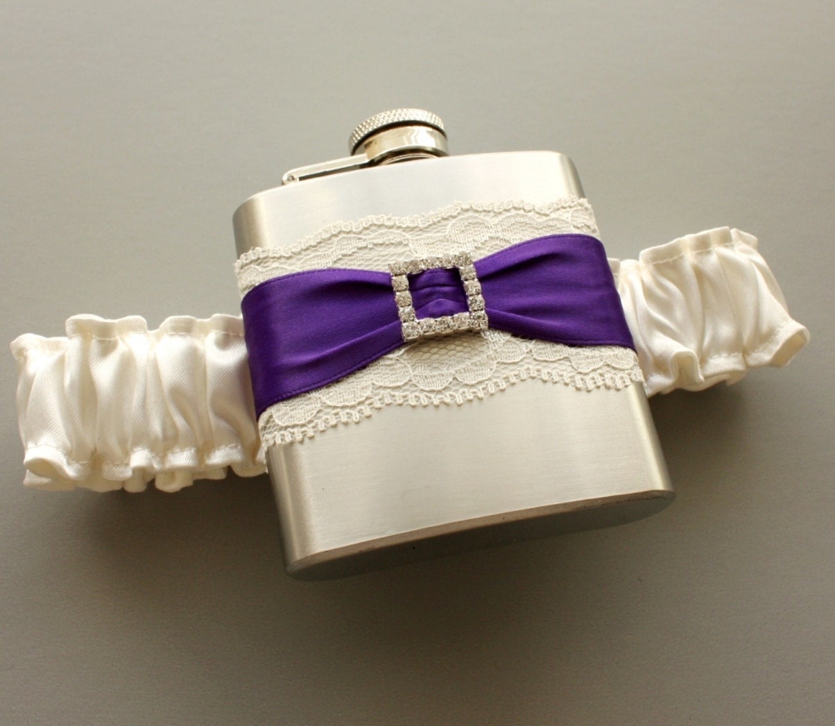 Ivory & Purple FLASK GARTER with Rhinestone Buckle -- Bride or Bridesmaid Wedding Garter -- Ready to Ship
