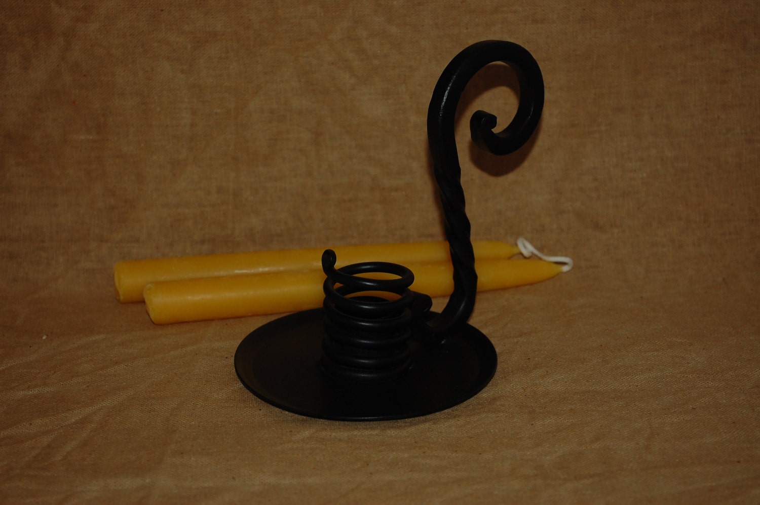 BEESWAX candles 8 inch tapers connected set of 2 and IRON candle holder included