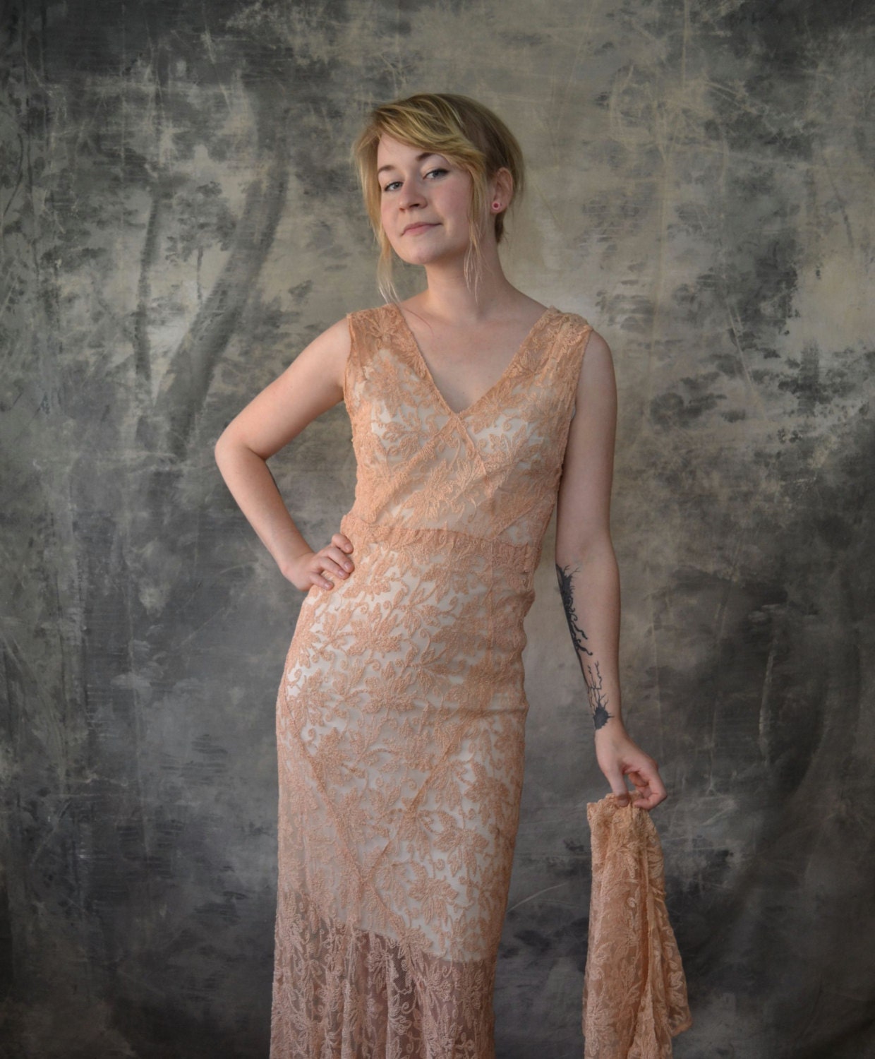 1940s Bias Cut Peach Lace Dress