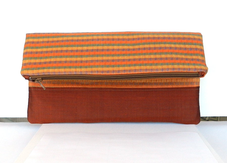 Fabric Fold over clutch,  clutch purse, in brown and pink tones