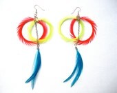 Turquoise Orange Lime Green Feather Dangle Earrings - LaNomRahDesigns Turquoise Orange Lime Green Feather Dangle Earrings - LaNomRahDesigns