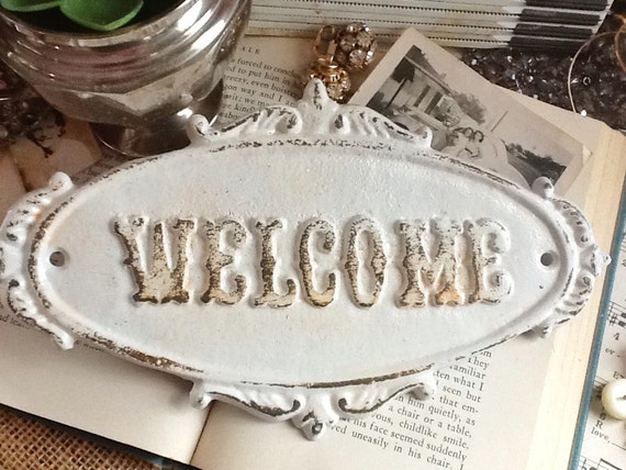 White WELCOME Sign PlaqueRustic Cast Iron Old by AlacartCreations