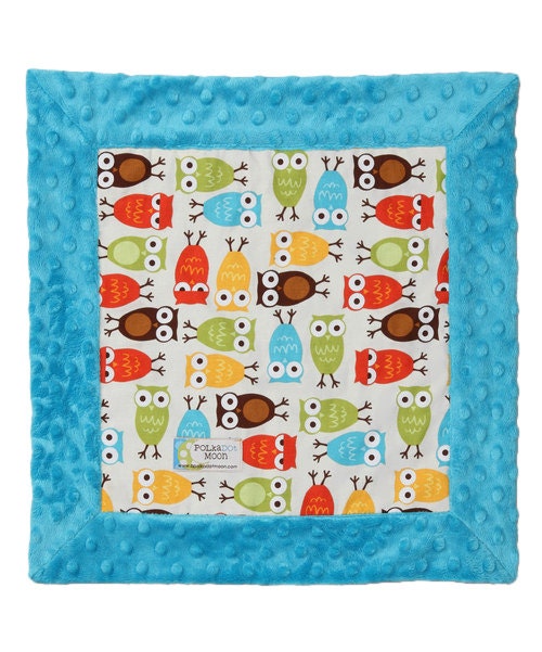 Baby Boy  Lovey Security Blanket - Modern Owls on Turquoise blue minky - unique baby gift