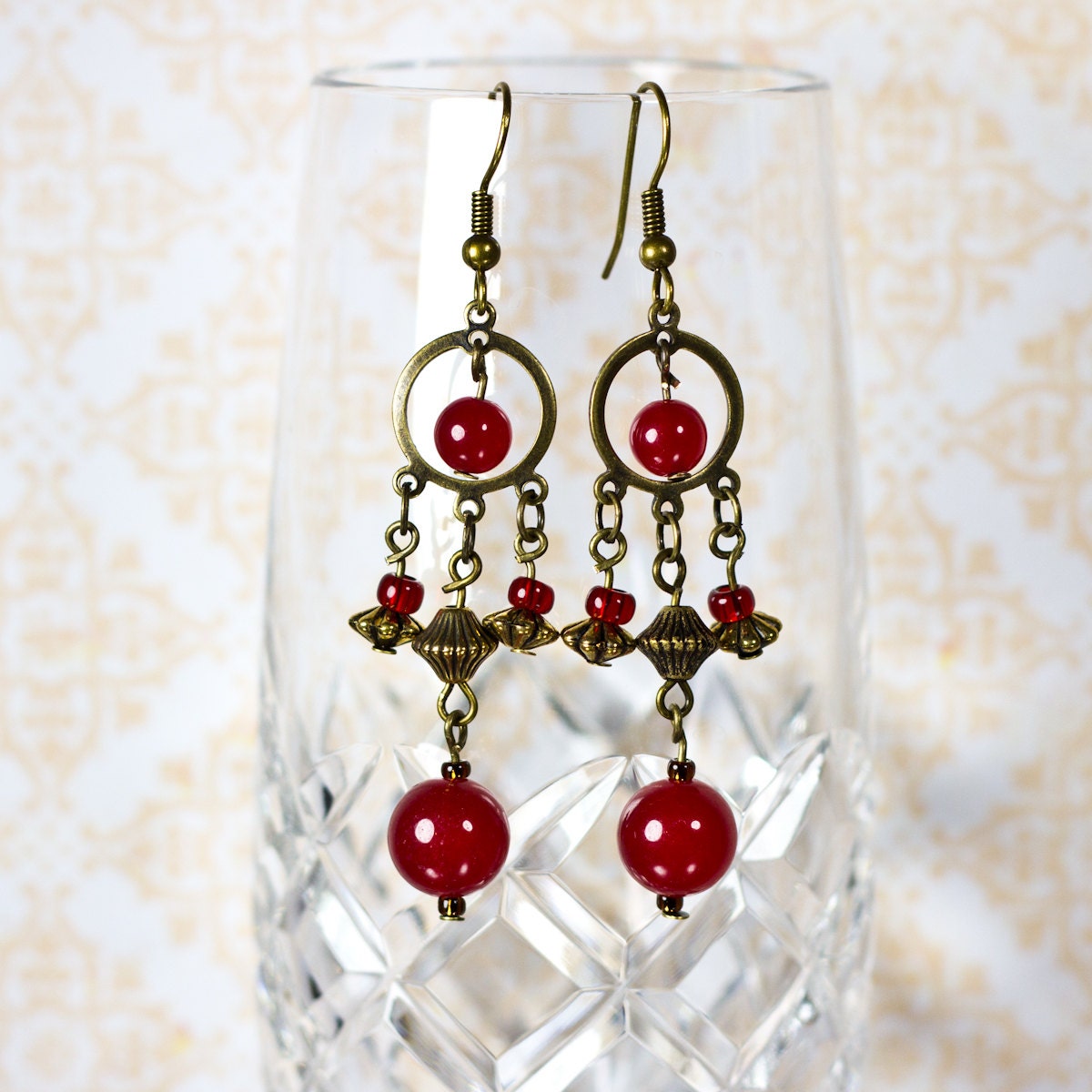 Dangly Steampunk Earrings with Blood Red Accents