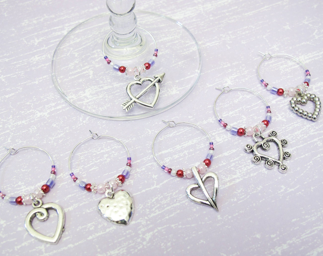 Heart Wine Charms - Set of 6 silver heart wine glass charms