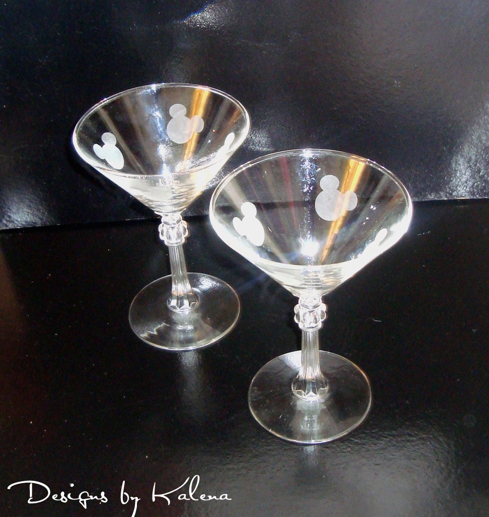 Mickey Mouse Etched Martini Glasses - Set of 2 - Large Mickey Icon - Clear Glass