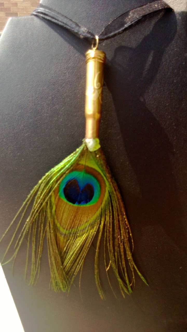 New Life: Rising - Genuine peacock feather & genuine rough peridot phoenix engraved necklace in a wire wrapped bullet casing, OOAK