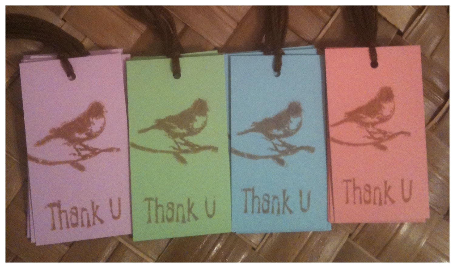 Vintage Bird Handmade Thank You Tags Pastel Card Stock Brown Ink Lavender Green Blue Pink Wedding Graduation Birthday  Set of 20
