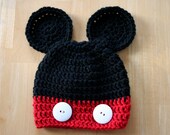 Mouse Hat, crochet photo prop, baby boy photo prop, red and black, white buttons, 12 Months to 4T