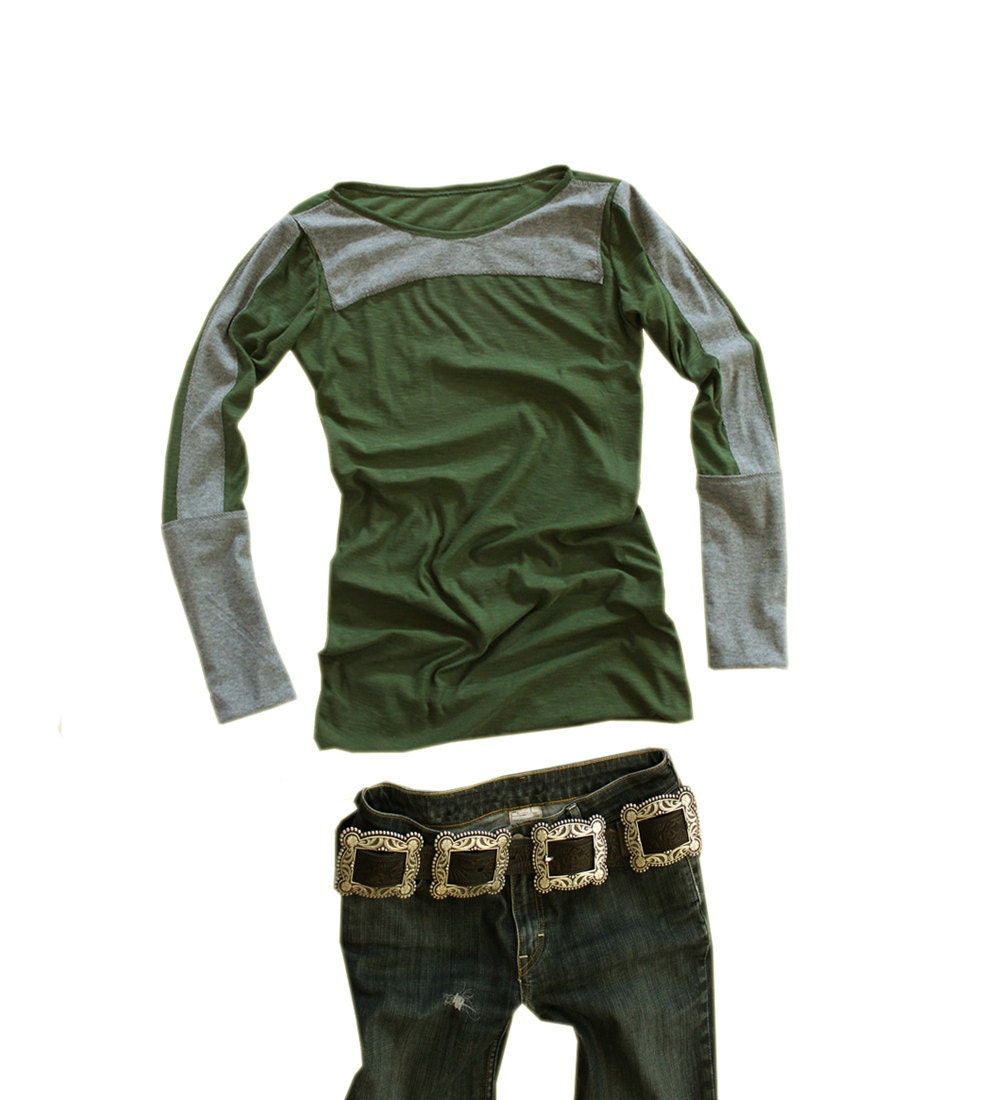 Womens pull over top color blocking olive long sleeve by tratgirl