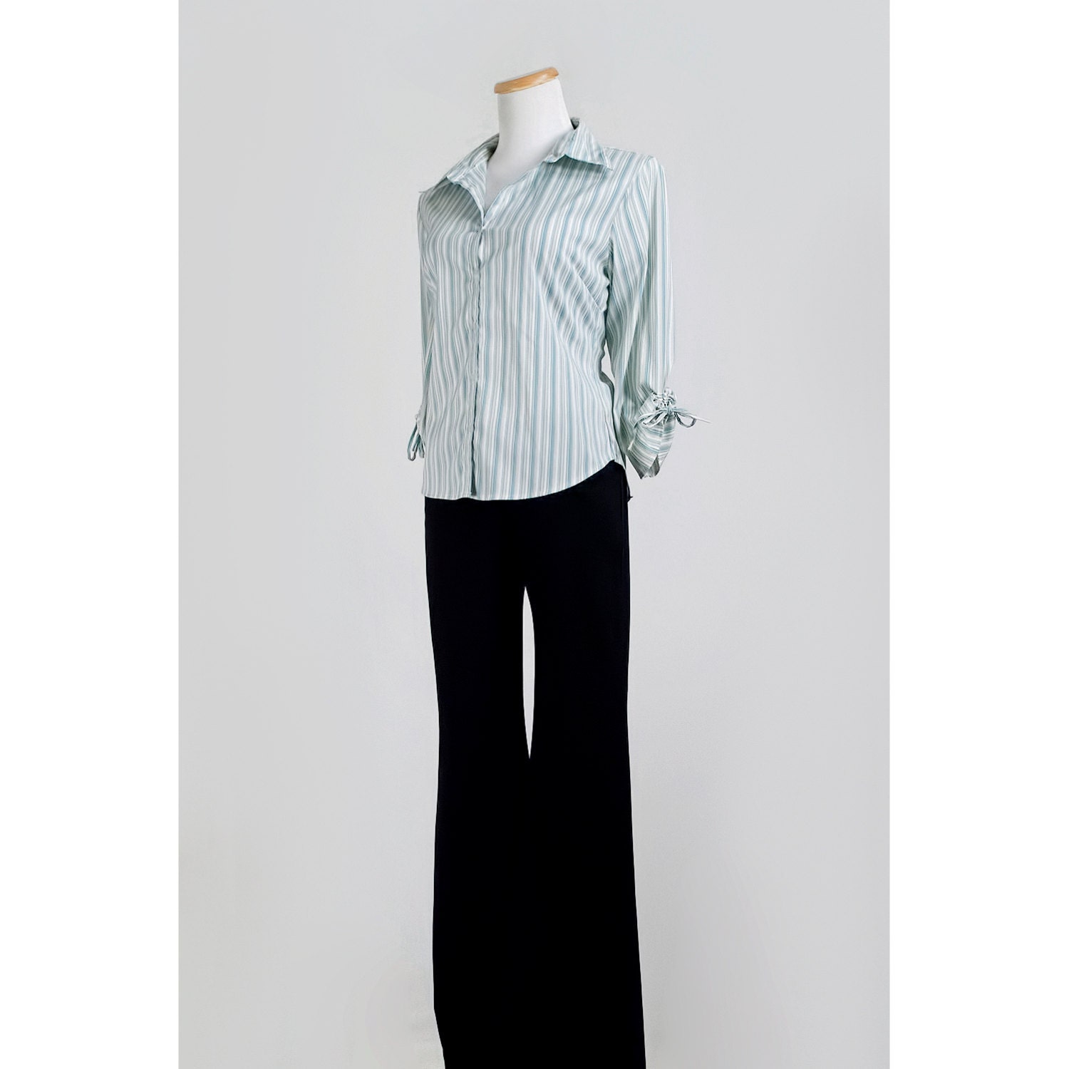 Striped Nautical Blouse / Button Down Shirt with Adjustable Sleeves / Medium to Large